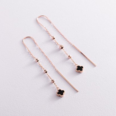 Золотые серьги - протяжки "Клевер" (эмаль) с07611