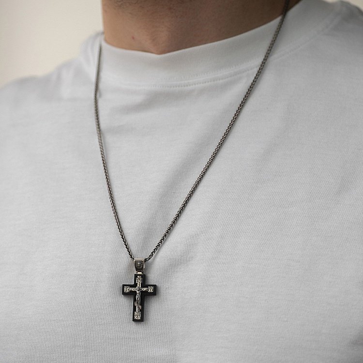 Серебряный крест "Распятие. Спаси и Сохрани" (на укр. языке) с эбеновым деревом mini 1340 от ювелирного магазина Оникс - 10