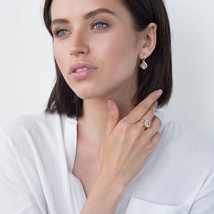 Золотые серьги "Клевер" (ювелирное стекло, фианит) с05239 от ювелирного магазина Оникс - 3