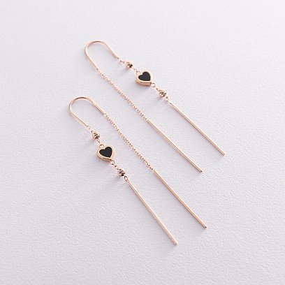 Золоті сережки - протяжки "Сердечка" (емаль) с07351