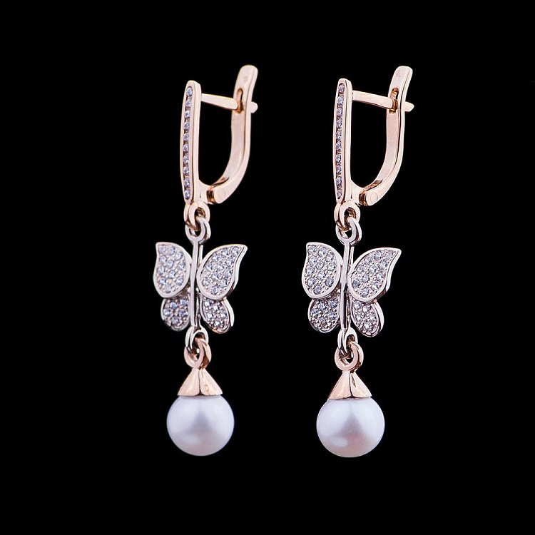 Золотые серьги "Бабочки" с жемчугом и фианитами 03-0702.0.4310 от ювелирного магазина Оникс