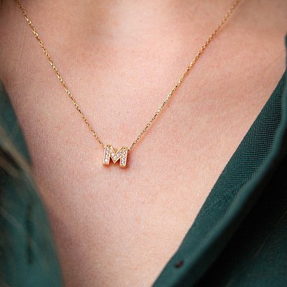 Колье с буквой "М" в желтом золоте (фианиты) кол01165М №5