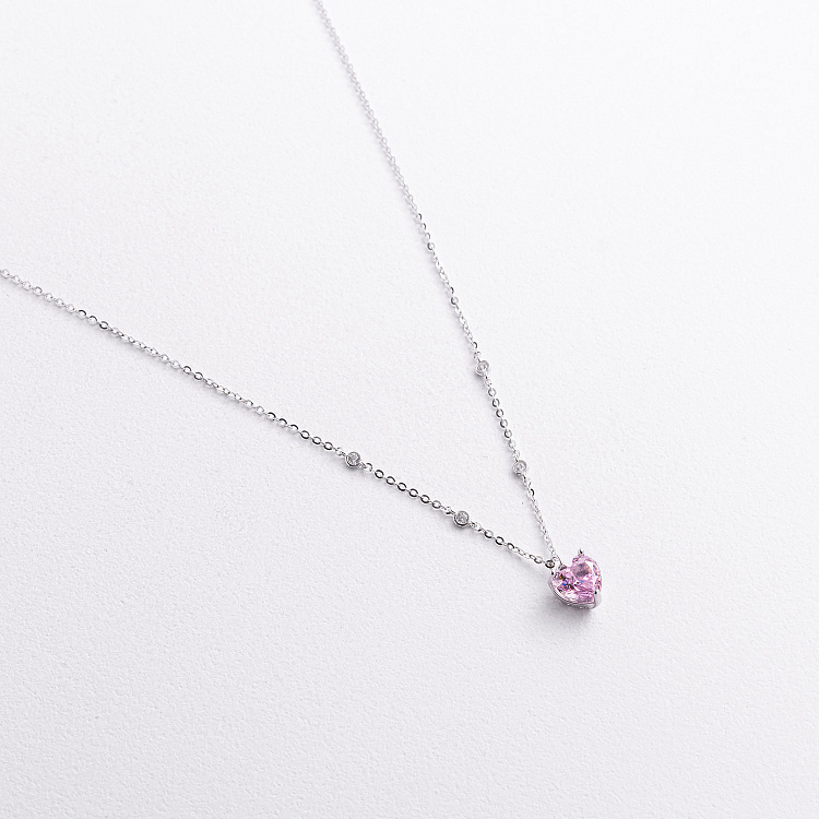 Срібне кольє "Сердечко" (рожевий і білі фіаніти) 181387 від ювелірного магазину Онікс
