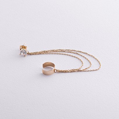 Сережка - каффа "Трініті" в жовтому золоті з ланцюжками (фіаніт) с08041 №7