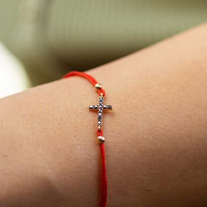 Браслет с красной нитью и крестиком (черные фианиты) б05331 №2