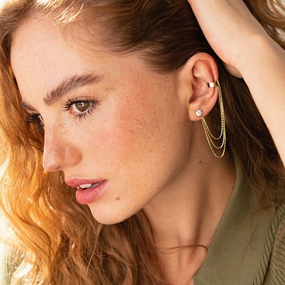 Сережка - каффа "Трініті" в жовтому золоті з ланцюжками (фіаніт) с08041 №3