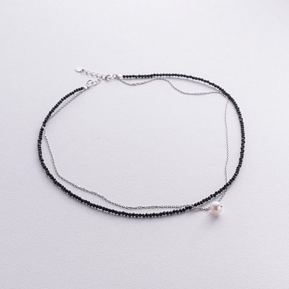 Серебряное двойное колье (хрусталь, жемчуг) 908-01428