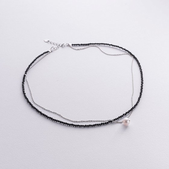Серебряное двойное колье (хрусталь, жемчуг) 908-01428