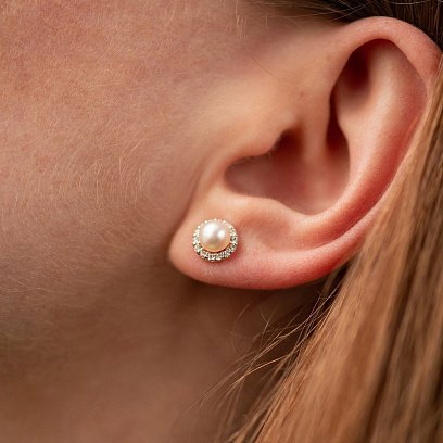 Золотые серьги - пусеты "Linea" (жемчуг, фианиты) с08915 №4