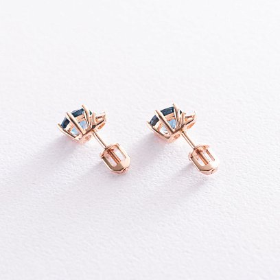 Золотые серьги-пусеты с Лондон топазом и фианитами с05044 №3