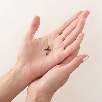 Золотой крестик с черными фианитами п03567 №2