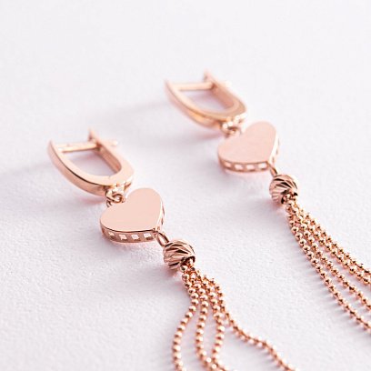 Золотые серьги "Сердечки" с цепочками с07847 №3