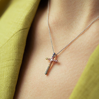 Золоте кольє "Хрестик" з діамантом і сапфірами колб0199lg №6