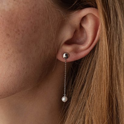 Серьги - пусеты "Жемчужина на цепочке" в белом золоте с08302 №4