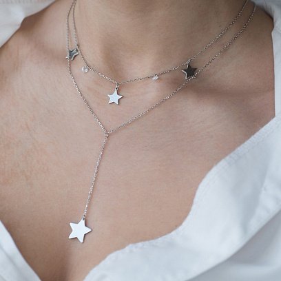 Двойное серебряное колье "Звездочки" с фианитами 18945