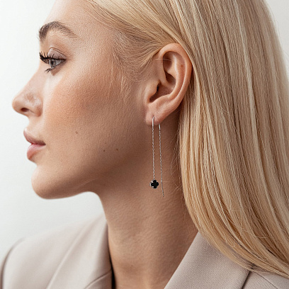 Серебряные серьги - протяжки "Клевер" с ониксом 123173 №3