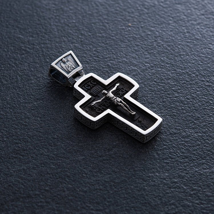 Срібний хрест "Розп'яття. Спаси і Збережи" з ебеновим деревом mini 1053 від ювелірного магазину Онікс