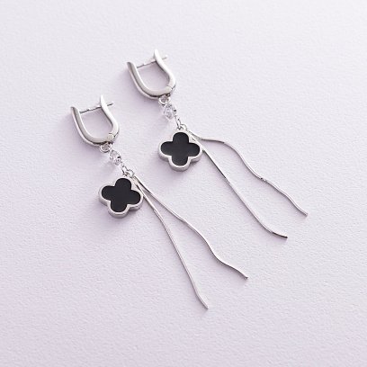 Срібні сережки "Конюшина" (емаль, фіаніт) 122787 №2