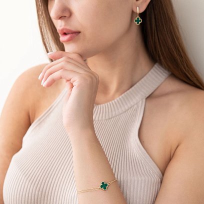 Подвійний браслет "Конюшина" в жовтому золоті (малахіт) б04823 №5