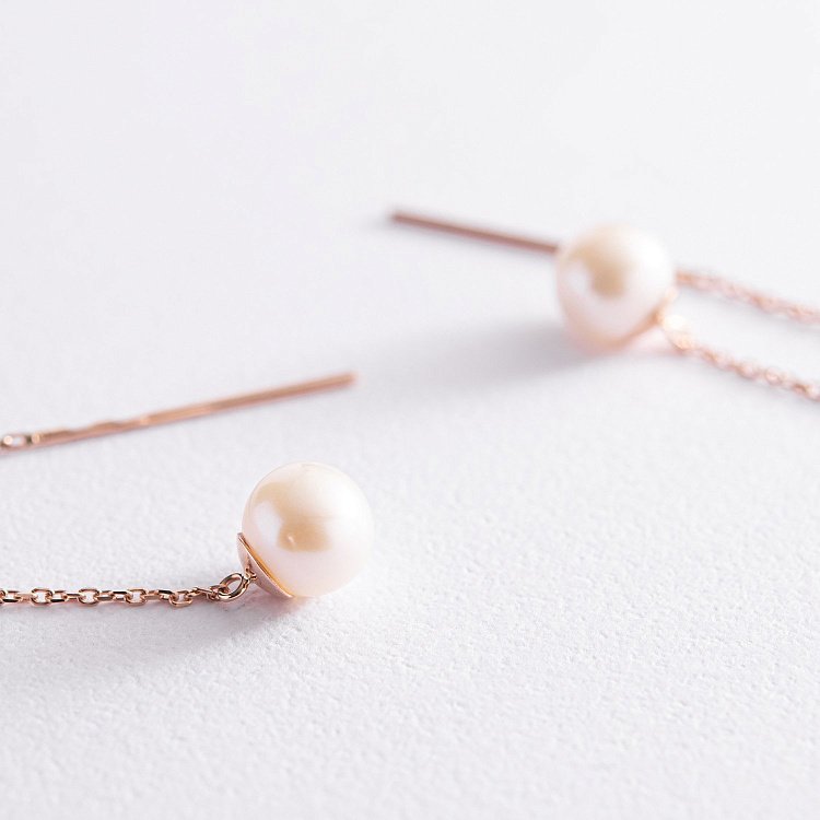 Золоті сережки - протяжки з перлами 580035 від ювелірного магазину Онікс - 4