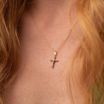 Золотий хрестик з чорними та білими фіанітами п03157 №2