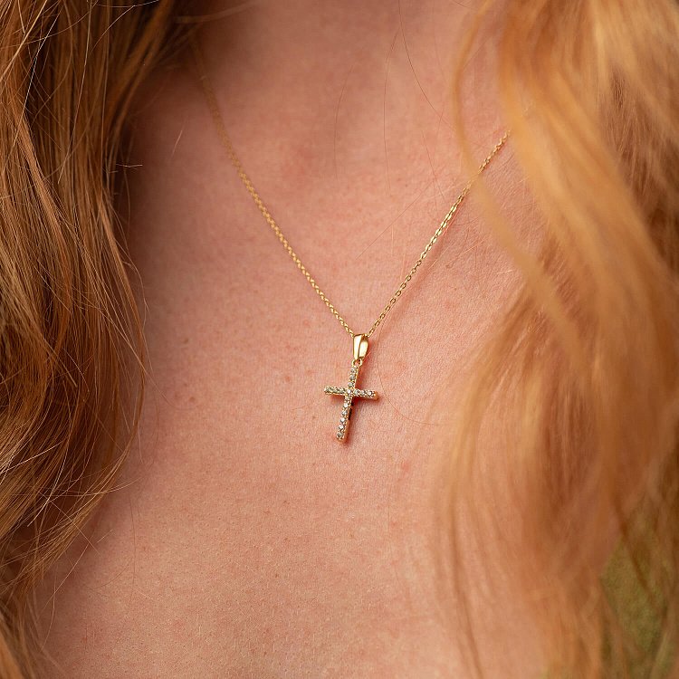 Золотий хрестик з чорними та білими фіанітами п03157 від ювелірного магазину Онікс - 1