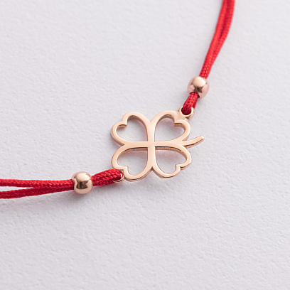 Золотой браслет "Клевер" с красной нитью б05737 №2