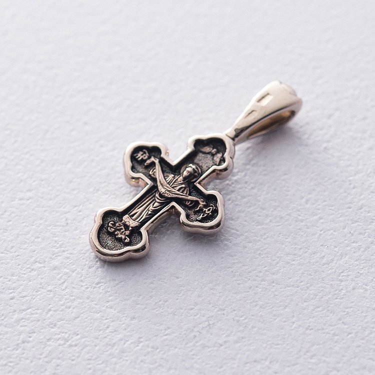 Золотий хрестик "Розп'яття Христове. Покров Пресвятої Богородиці" (чорніння) п03206 від ювелірного магазину Онікс - 1