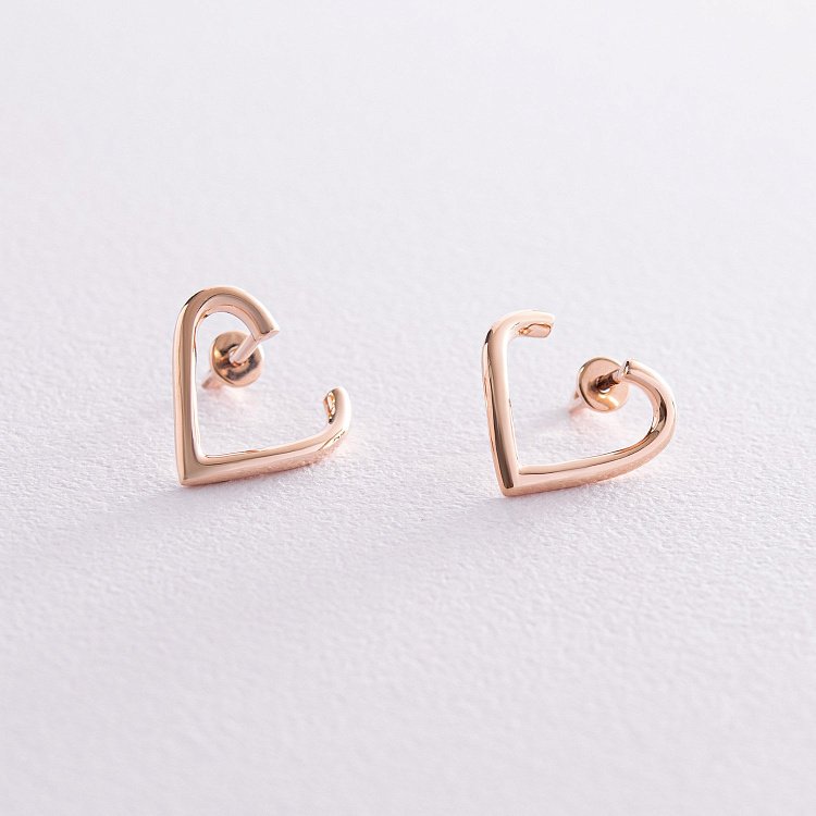 Серьги - пусеты "Сердечки" в красном золоте с08090 от ювелирного магазина Оникс - 3