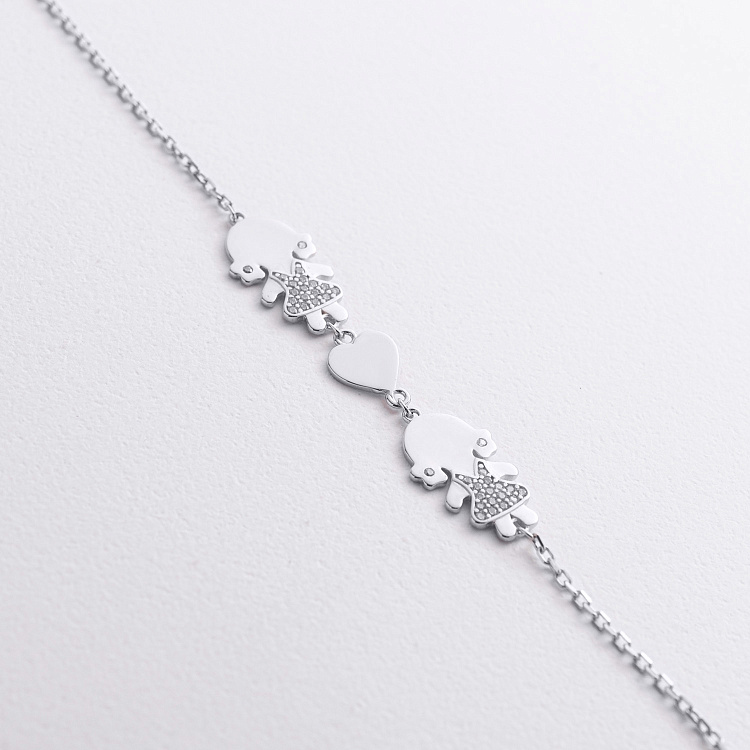 Браслет "Две девочки и сердечко" в белом золоте (фианиты) б05663 от ювелирного магазина Оникс - 1