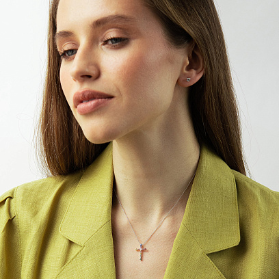 Золотое колье "Крестик" с бриллиантом и сапфирами колб0199lg №2