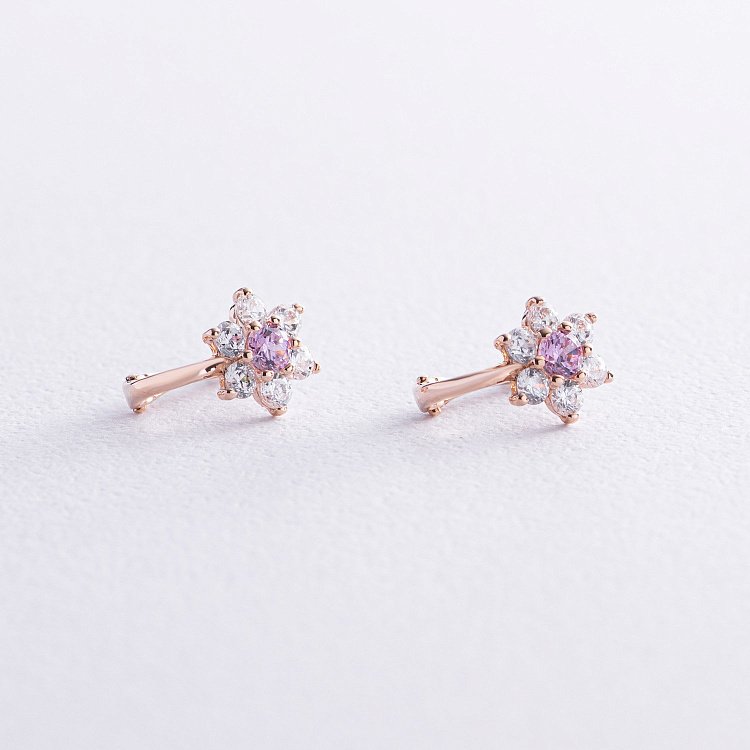 Золоті дитячі сережки "Квіточки" з рожевим фіанітом с03531 від ювелірного магазину Онікс