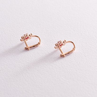 Дитячі золоті сережки "Квіточки" з рожевими фіанітами с04342 №3