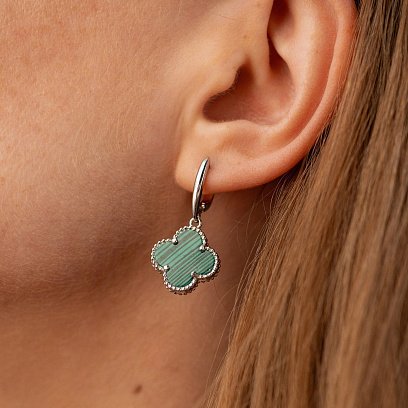 Серебряные серьги "Клевер" (синт. малахит) 123367 №4