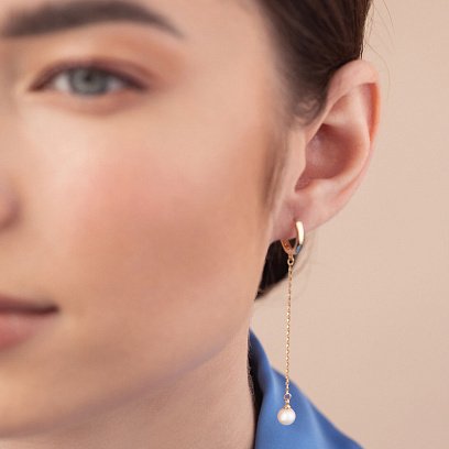 Серьги - кольца "Жемчужина на цепочке" в желтом золоте с08356 №2