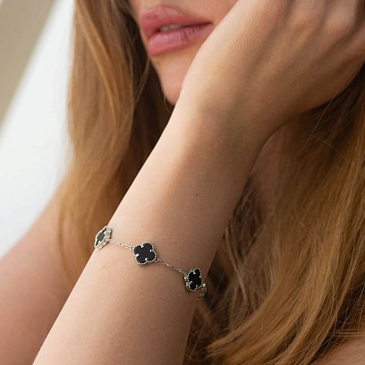 Серебряный браслет "Клевера" с ониксом 141648 №2