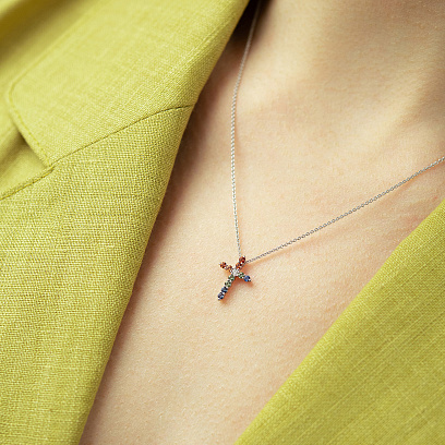 Золоте кольє "Хрестик" з діамантом і сапфірами колб0198lg №4