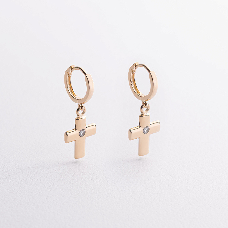 Золотые серьги "Крестики" (фианиты) с04416 от ювелирного магазина Оникс