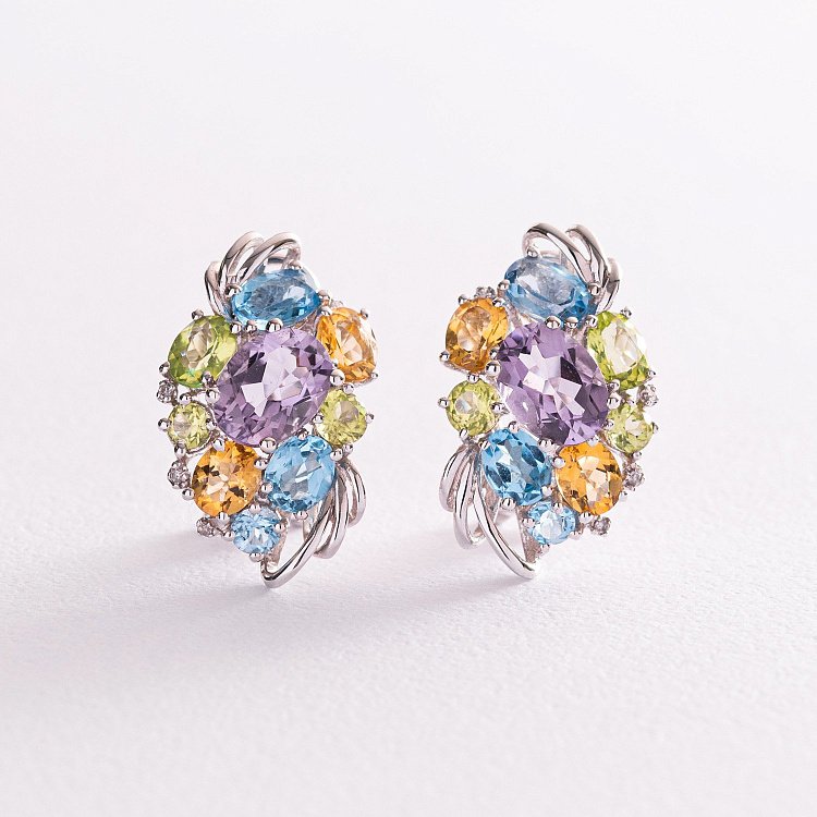 Золотые серьги (бриллианты, цитрин, топаз голубой, хризолит, аметист) с680 от ювелирного магазина Оникс