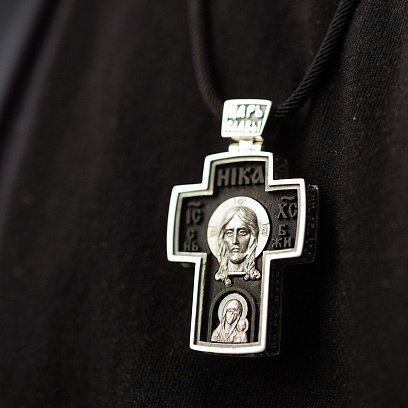 Чоловічий православний хрест "Спас Нерукотворний. Архангел Михаїл" з ебенового дерева та срібла 133230 №5