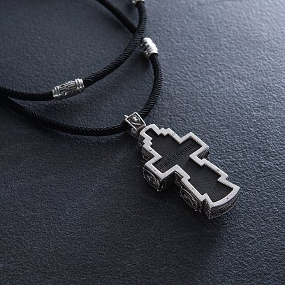 Чоловічий православний срібний хрест із ебенового дерева на шнурку 181263 №2