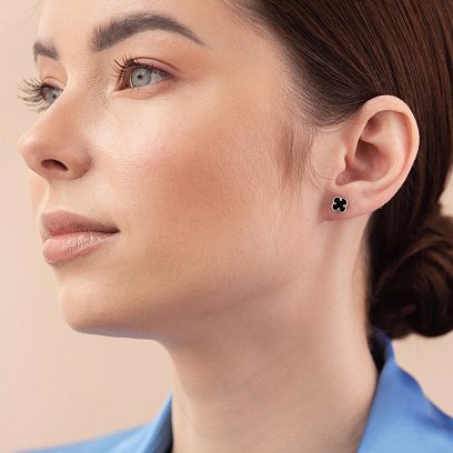 Сережки - пусети "Конюшина" з оніксом mini (біле золото) с08414 №5