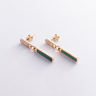 Золоті сережки - пусети з діамантами і малахітом сб0472sc №3