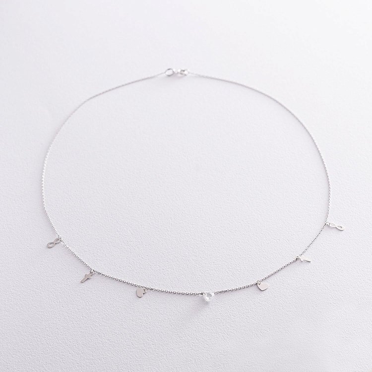 Колье "Верь надейся люби" с фианитом в белом золоте кол01829 от ювелирного магазина Оникс