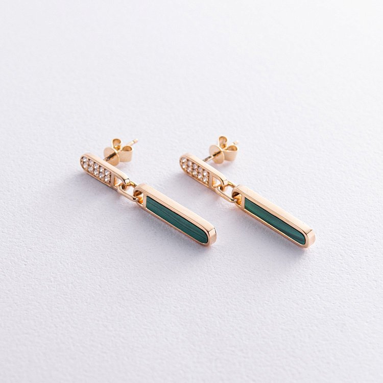 Золоті сережки - пусети з діамантами і малахітом сб0472sc від ювелірного магазину Онікс - 2