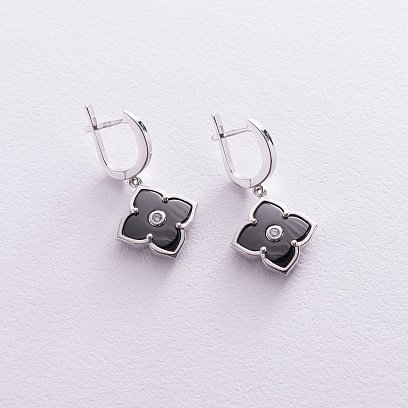 Серебряные серьги "Клевер" (фианит, керамика) 122790