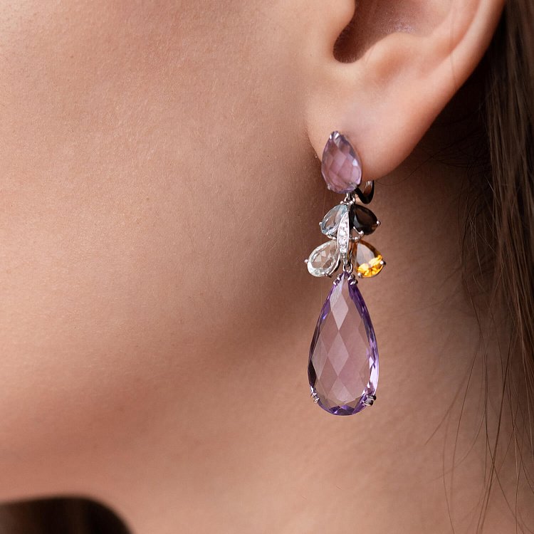 Золоті сережки (діаманти, топаз блакитний, цитрин, кварц димчастий, аметист зелений, аметист) с1026A1 від ювелірного магазину Онікс - 1