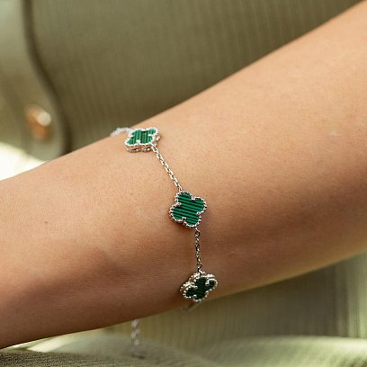 Серебряный браслет "Клевер" с малахитом 141780 №4