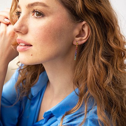 Золотые серьги - пусеты с разноцветными сапфирами сб0448nl №6