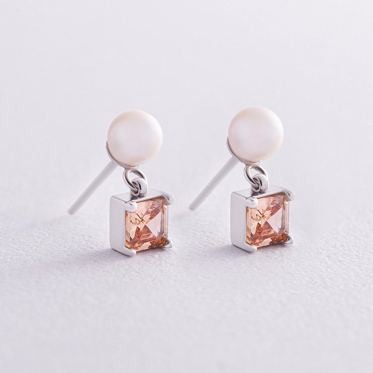 Золотые серьги - пусеты "Альма" (оранжевые фианиты, жемчуг) с08249 от ювелирного магазина Оникс - 4